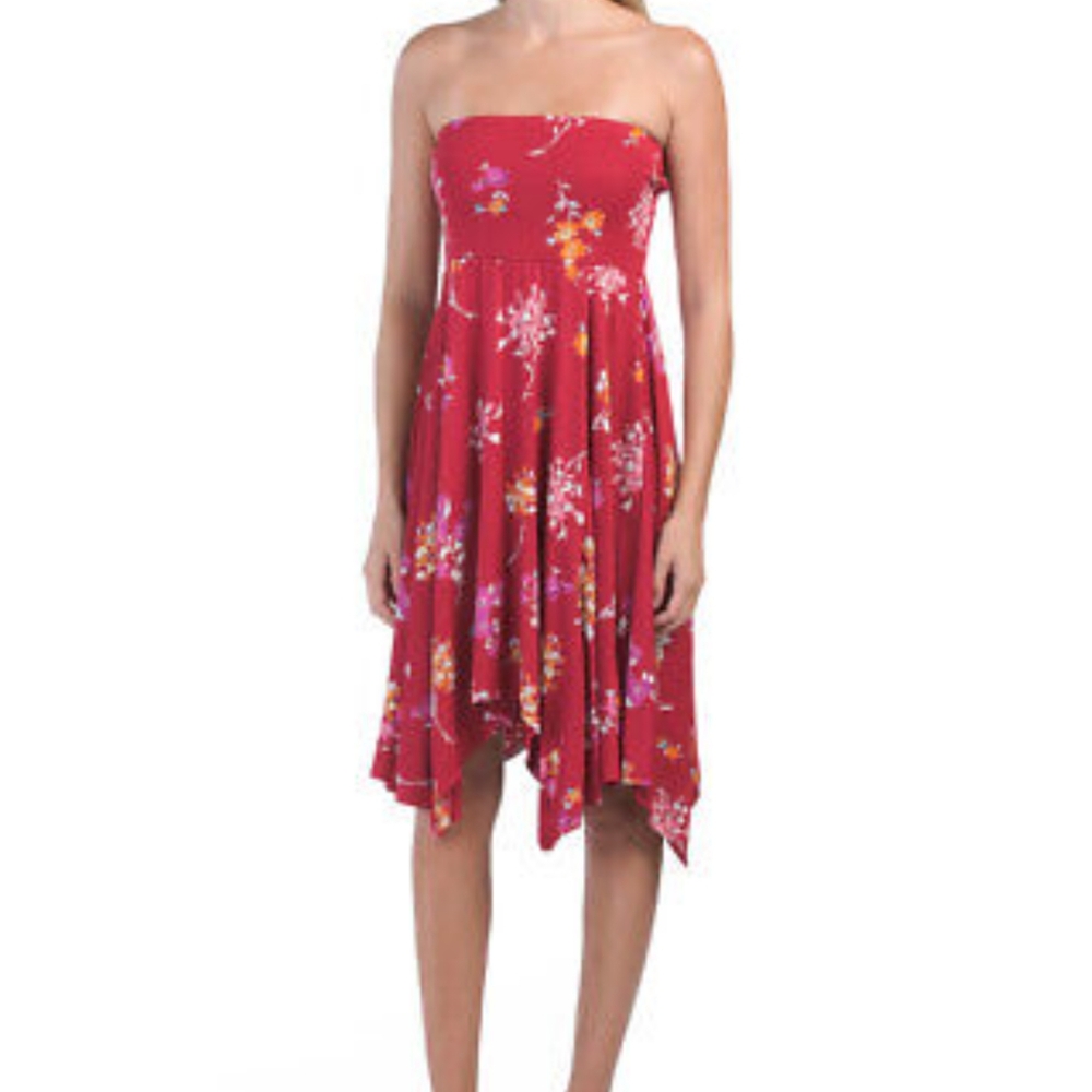 Express red strapless dress with handkerchief hem.  Mild wash wear size xs